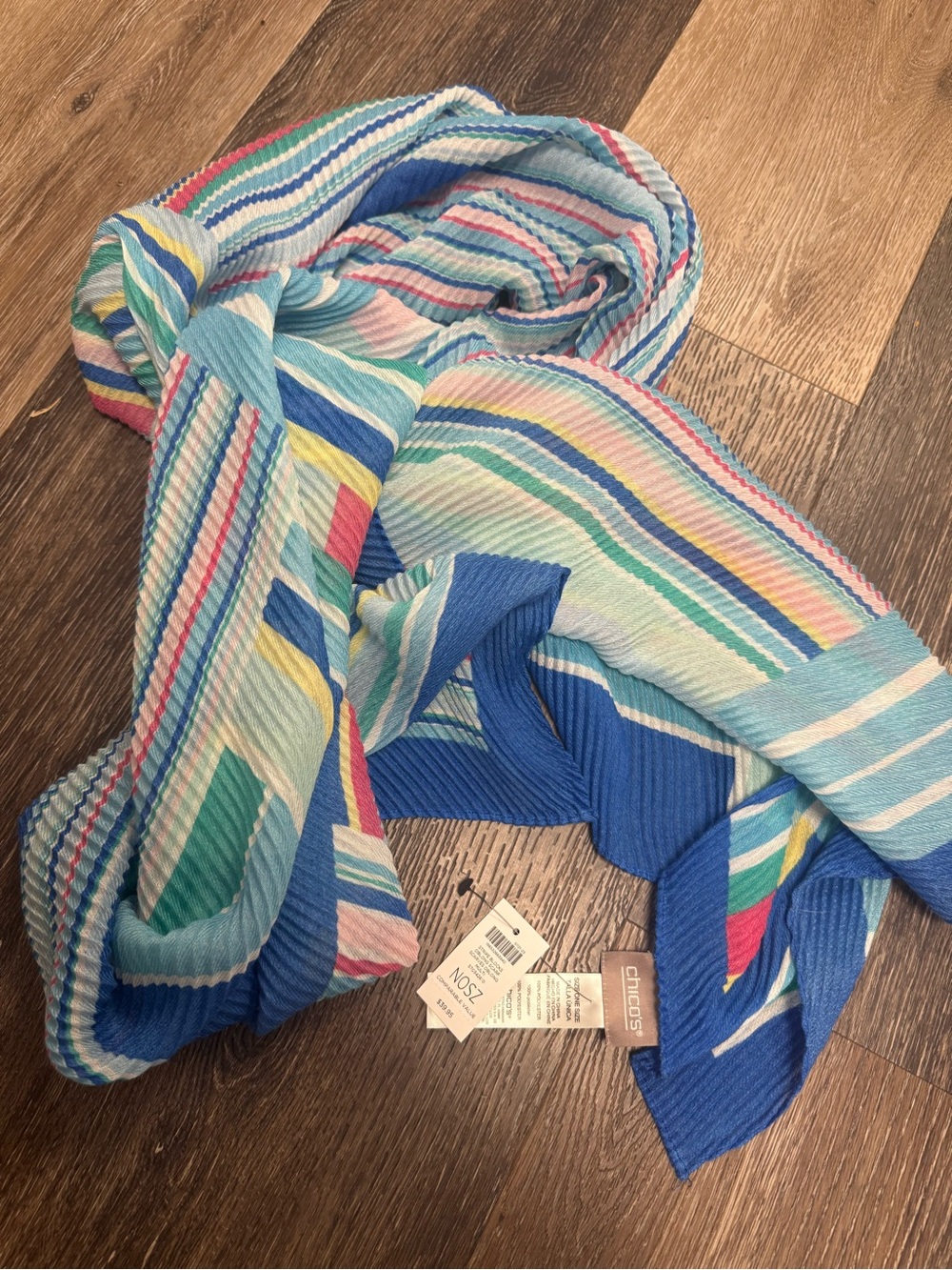 Chico's Multicolor Striped Lightweight Scarf in Blue, Teal & Yellow